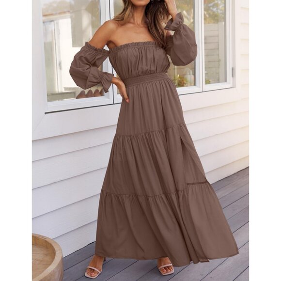 ZESICA Off Shoulder Smocked High Waist Side Split Maxi Dress in Coffee - Picture 2 of 16